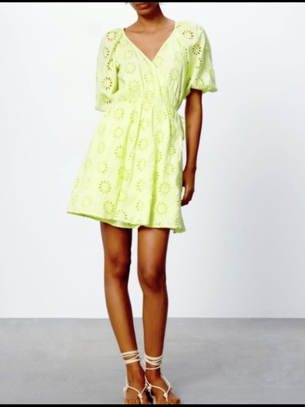 Zara Eyelet Wrap Mini Dress in Light Lime M